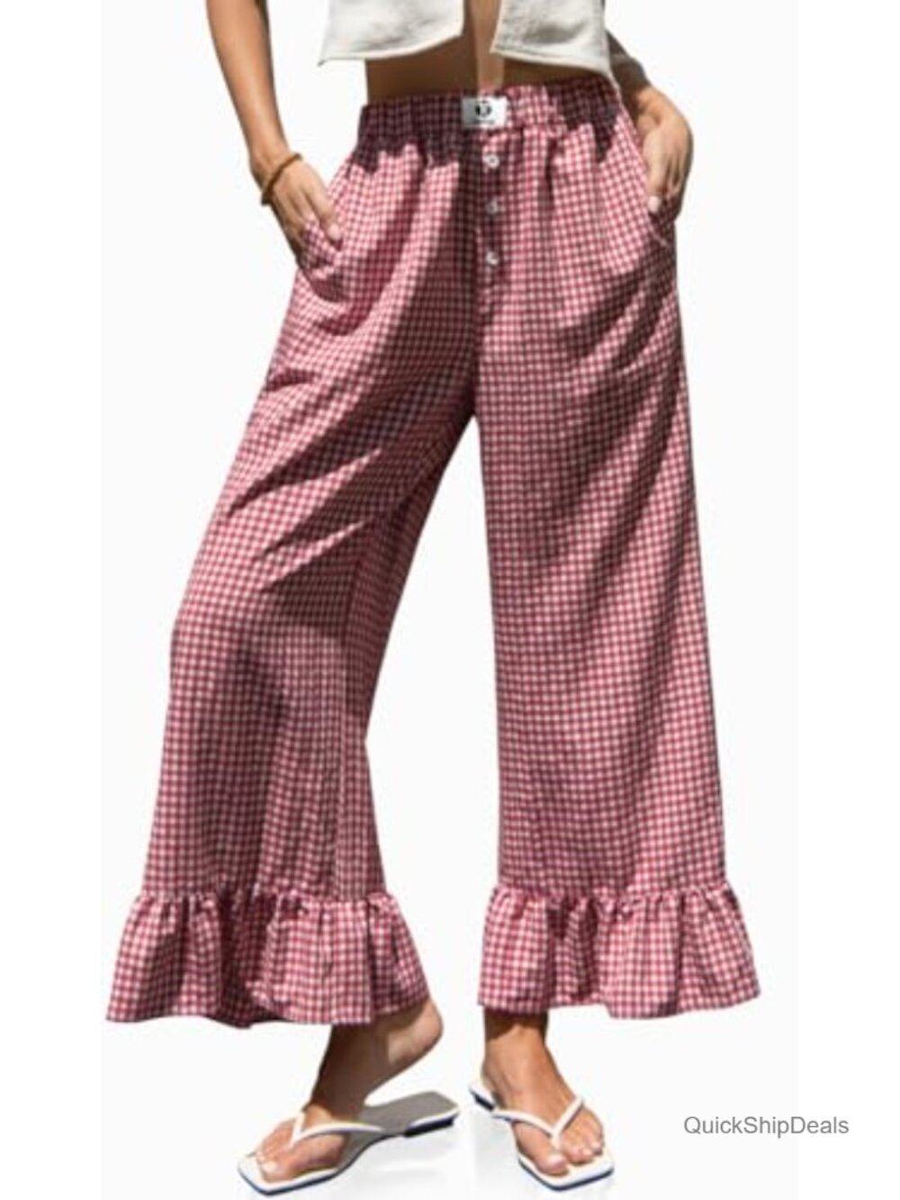Womens Gingham Wide Leg Pants High Waist Ruffle Hem Trousers